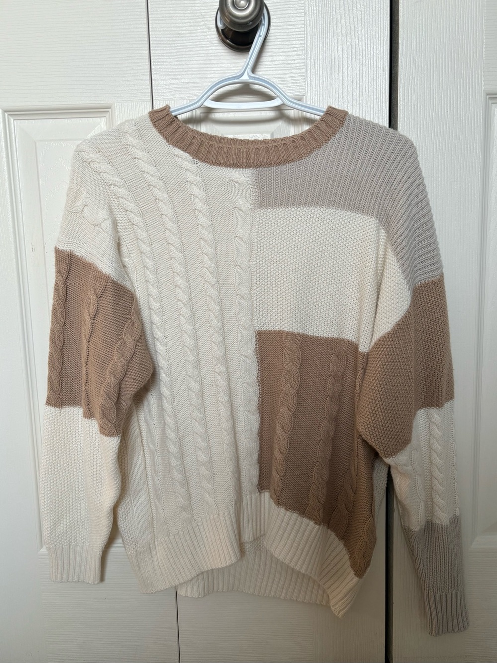 Bluenotes Cream and Light Brown Colorblock Cable Knit Sweater - Women